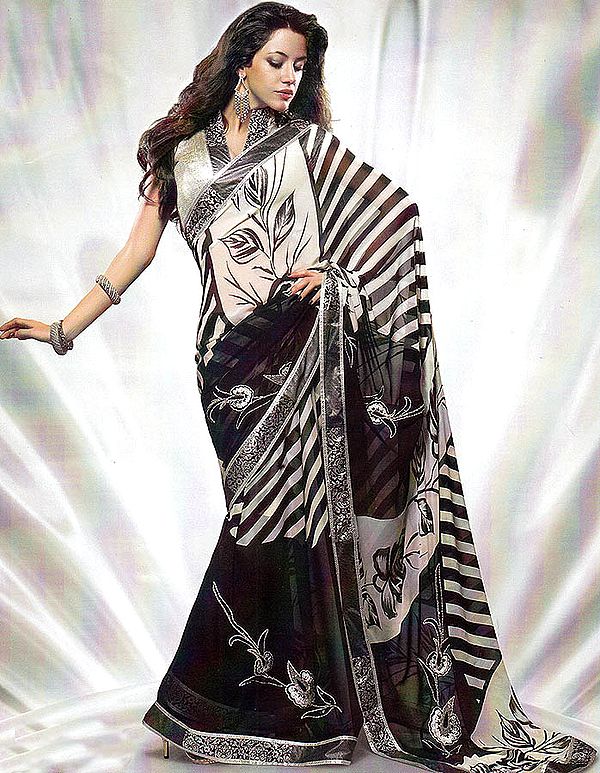 Black & White Printed Designer Sari with Patch Border and Embroidered Flowers
