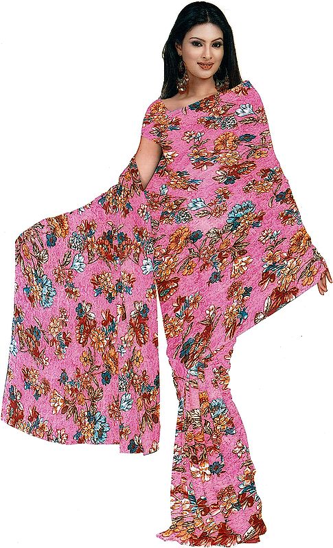 Morning Glory-Pink Floral Printed Sari with Crewel Embroidery