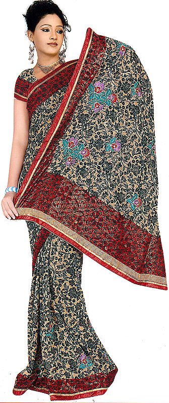 Beige and Black Printed Shimmering Sari with Crewel Embroidered Flowers