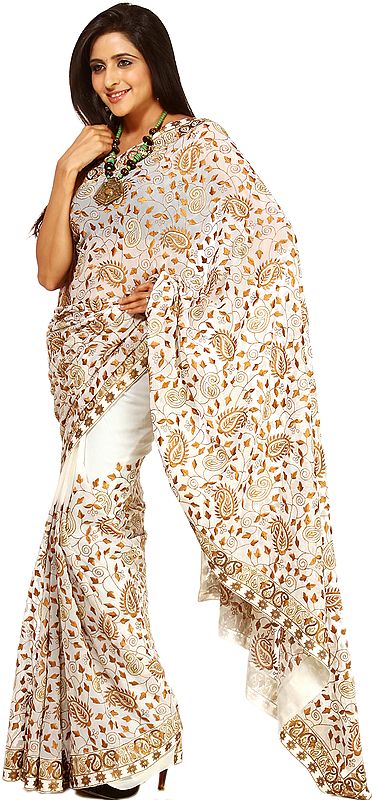 Snow-White Sari with Crewel Embroidered Paiselys in Brown and Gold