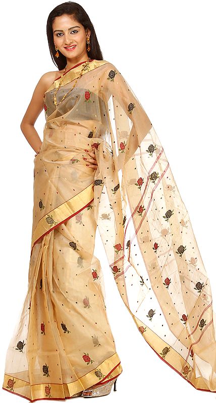 Beige Chanderi Sari with All-Over Wooven Bootis and Golden Border