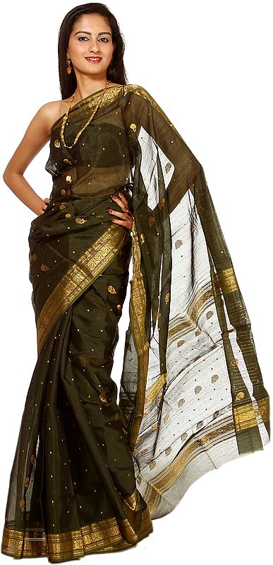 Rifle-Green Chanderi Sari with Golden Woven Flowers and Brocaded Border