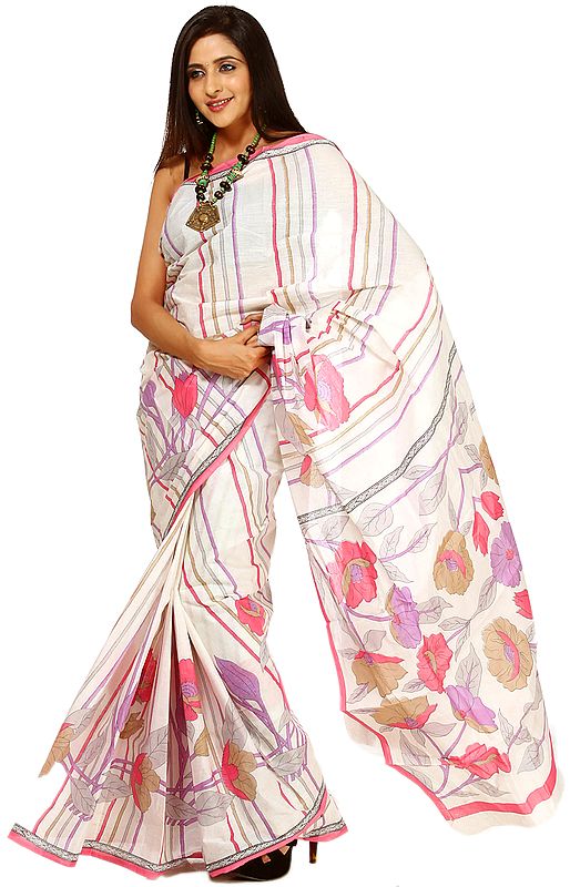 Ivory Summer Sari with Printed Flowers All-Over