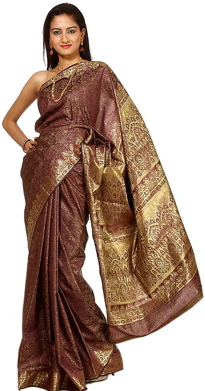 Wistful-Mauve Tanchoi Sari from Banaras with All-Over Weave