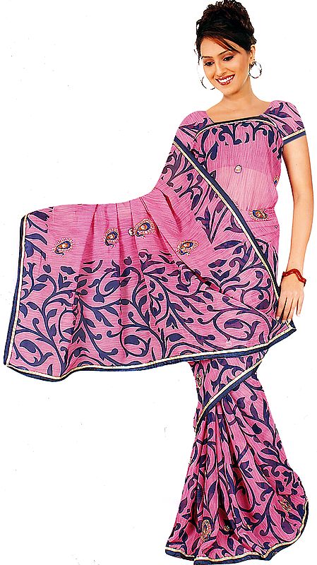 Confetti-Pink Printed Sari with Embroidered Paisleys and Sequins