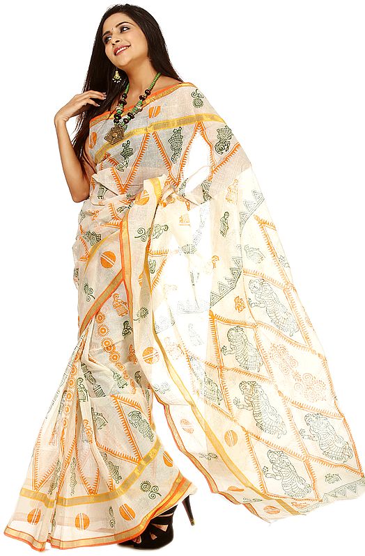 Cream Sari From Bihar with Block Printed Ladies