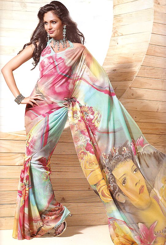 Designer Multi-Color Sari with Printed Flowers All-Over and Divine Lady on Aanchal