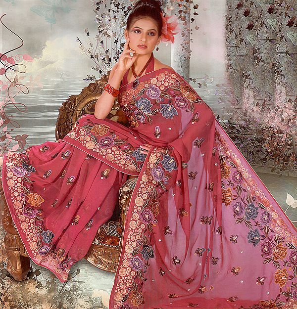 Rosewood-Color Wedding Sari with Aari Embroidered Flowers and Crystals