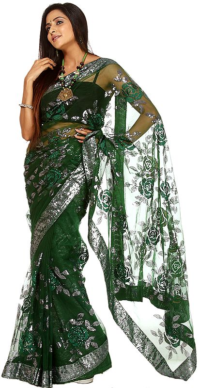 Foliage-Green See-Through Sari with Sequins and Aari Embroidered Roses