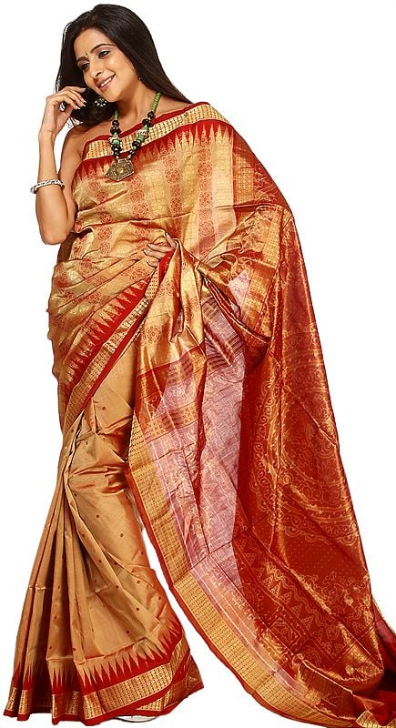 Khaki and Red Bomkai Sari from Orissa with All-Over Bootis and Temple Border