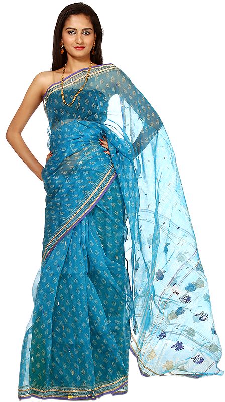 Cyan-Blue Chanderi Sari with Printed Bootis Golden Border