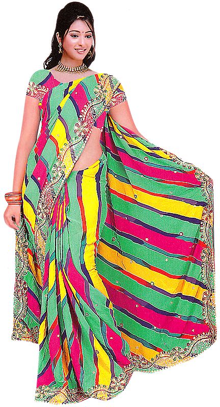 Tri-Color Sari with Sequins Embroidered as Flowers
