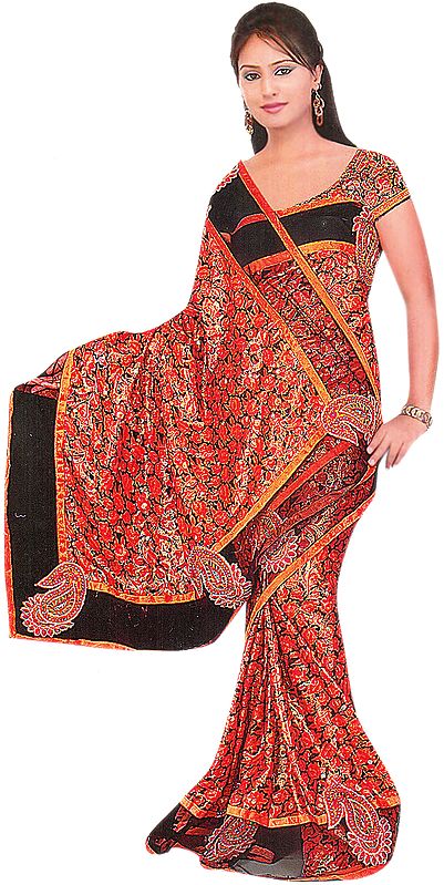 Orange and Black Shimmer Printed Sari with Velvet Applique Paisleys