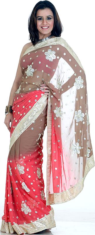 Salmon and Brown Designer Sari with Sequined Border and Bootis