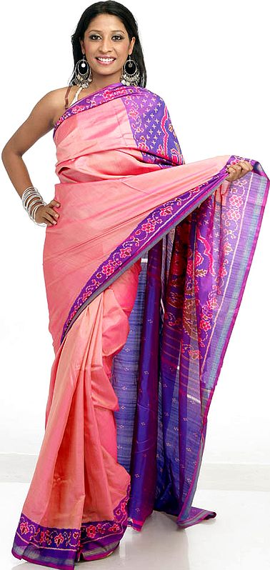 Salmon and Purple Patan Patola Sari from Gujarat