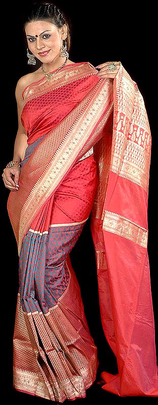 Salmon Designer Paisley Sari Hand-woven in Banaras