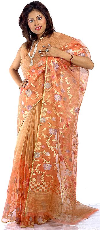 Salmon Net Sari from Banaras with Brocaded Flowers All-Over