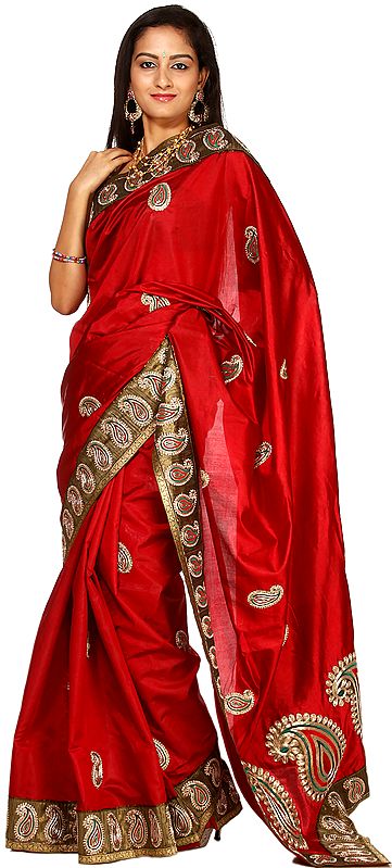 Garnet-Red Banarasi Sari with Zardozi Embroidered Paisleys All-Over