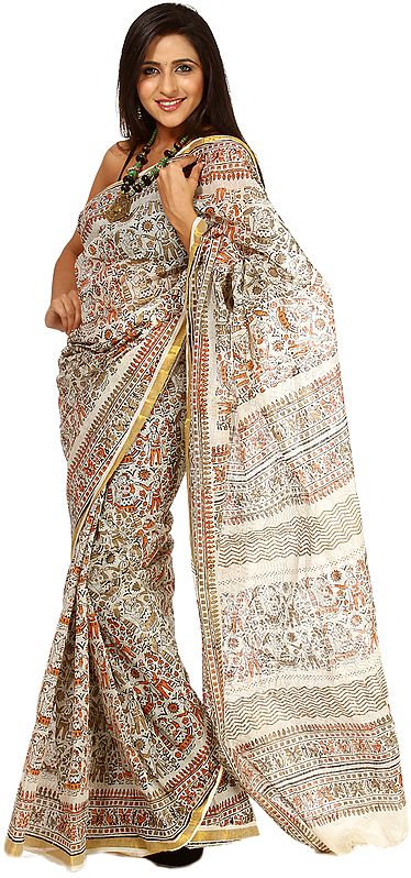 Ivory Sari From Bihar with Block Printed Folk Figures