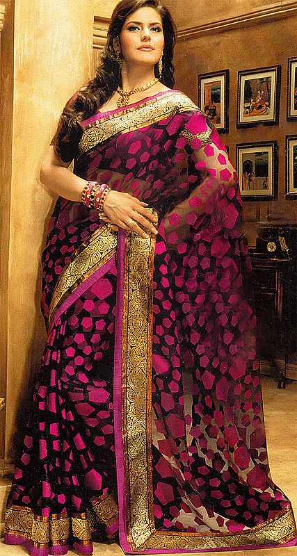 Black and Magenta Designer Sari with Woven Pentagons and Patch Brocade Border