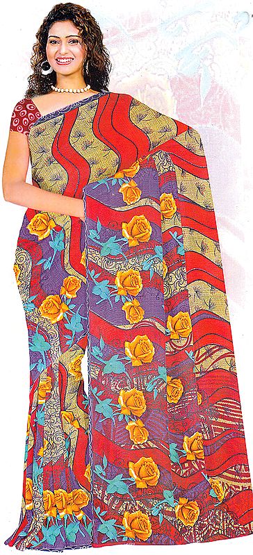 Multi-Color Floral Printed Sari with Beadwork