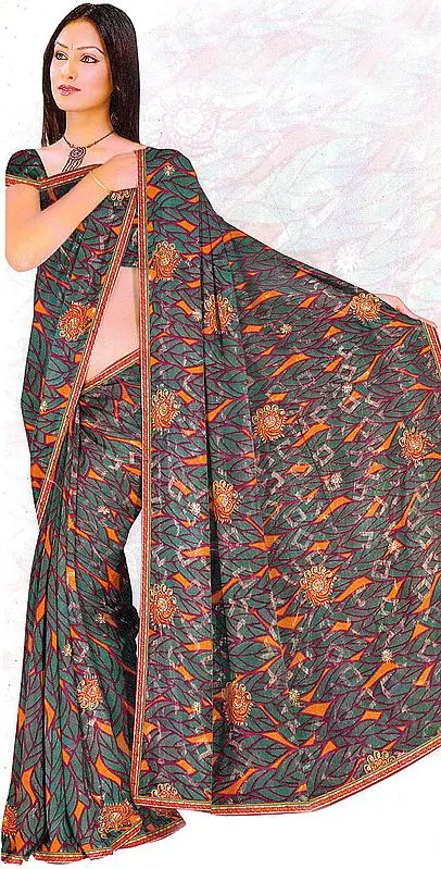 Green Printed Shimmer Sari with Embroidered Flowers