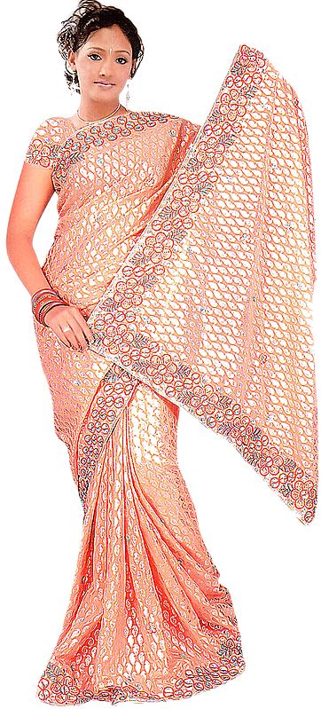 Salmon Shimmer Sari with Printed Paisleys Embroidered Sequins