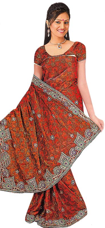 Copper-Brown Shimmer Printed Sari with Embroidered Flowers on Border