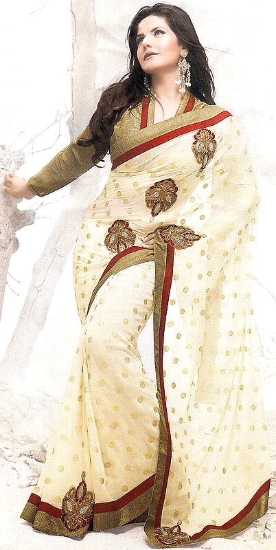 Ivory Wedding Sari with All-Over Golden Bootis and Khaki Patch Border