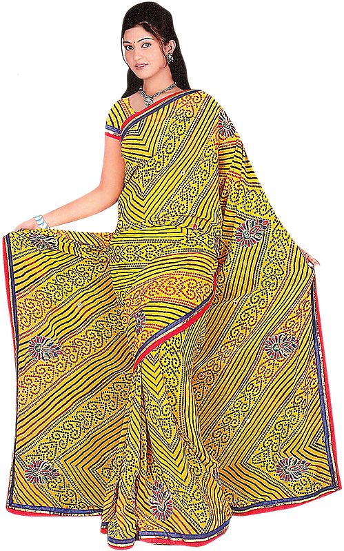 Mustard Bandhani Printed Sari with Embroidered Flowers and Patch Border