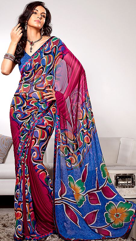 Multi-Color Designer Sari with Floral Print on Aanchal and Patch Border