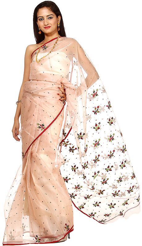 Powder-Pink Chanderi Sari with All-Over Woven Bootis and Flowers on Aanchal