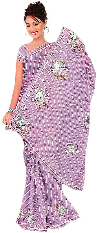 Amethyst Leheria Sari with Crewel Embroidered Flowers