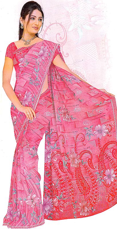 Coral Floral-Printed Sari with Aari Embroidery