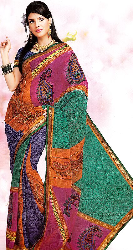 Multi-Color Printed Designer Sari with Patch Border