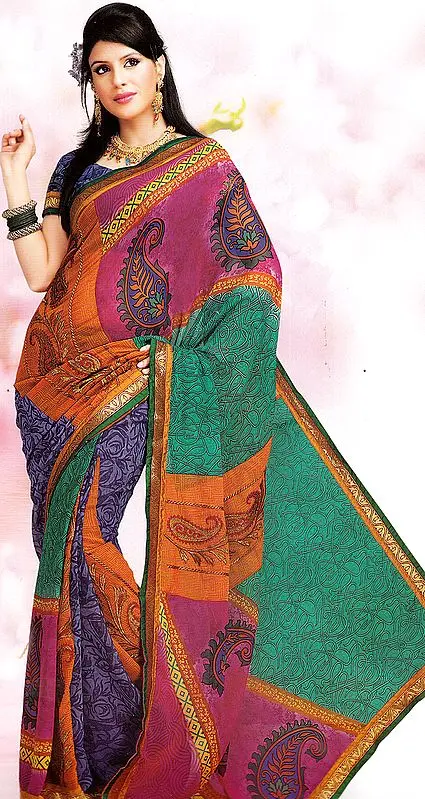 Multi-Color Printed Designer Sari with Patch Border