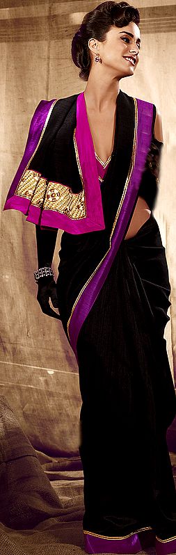 Plain Black Designer Sari with Patch Border and Sequins on Anchal