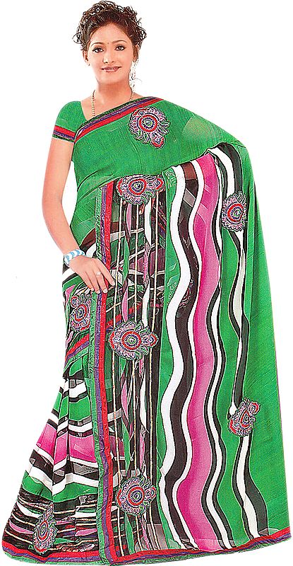Green and Mauve Printed Sari with Large Embroidered Bootis