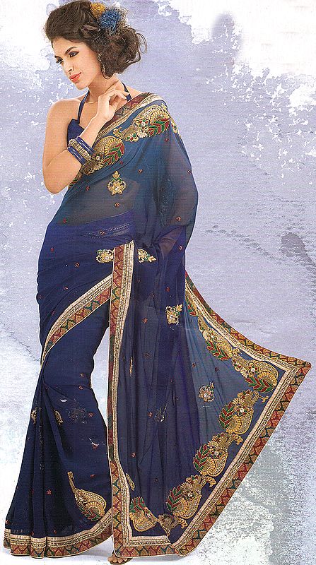 Navy-Blue Wedding Sari with Embroidered Paisleys on Border