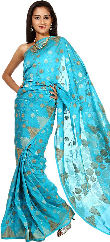 Turquoise-Blue Sari from Banaras with All-Over Bootis Woven in Jute and Temple Border
