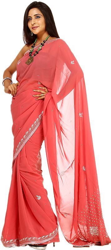 Deep-Sea Coral Suryani Sari from Mysore with Embroidered Leaves and Sequins