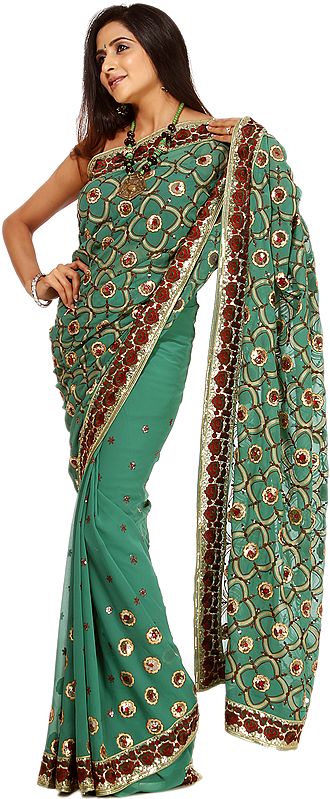 Green Sari with Heavy Floral Embroidery