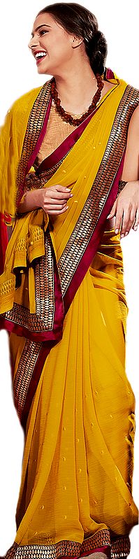 Plain Mustard Designer Sari with Patch Brocaded Border