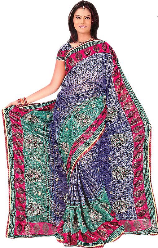 Tri-Color Printed Shimmering Sari with Crewel Embroidered Bootis and Patch Border