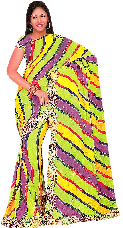 Tri-Color Rainbow Sari with Embroidered Sequins on Border