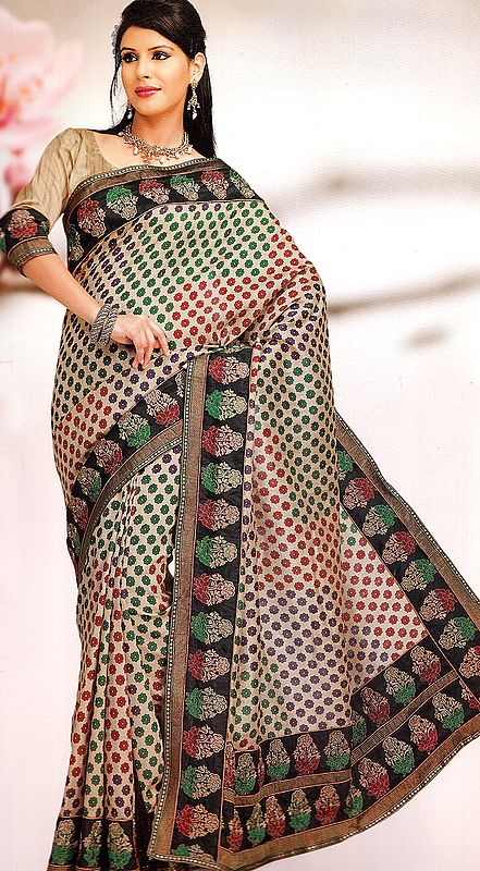 Beige Khadi Sari with Patch Border and Floral Printed Bootis