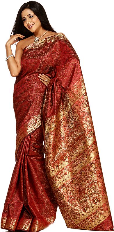Burgundy Tanchoi Sari from Banaras with All-Over Golden Thread Weave