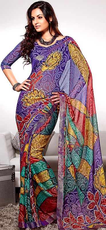Multi-Color Sari with Printed Flowers and Patch Border