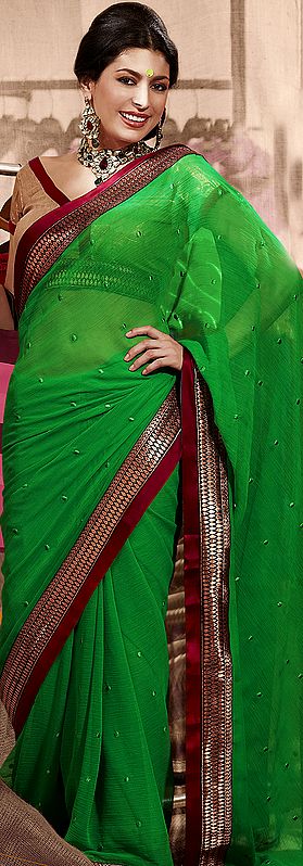 Plain Green Designer Sari with Patch Brocaded Border