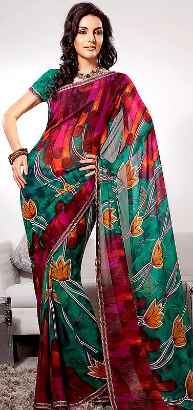 Magenta and Green Printed Designer Sari with Patch Border